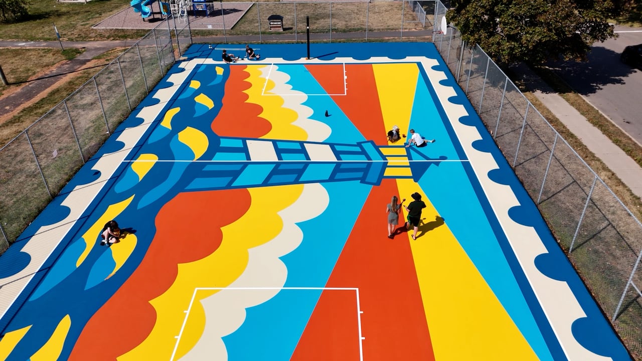 Charlottetown has a beautiful new basketball court that, from the sky, doubles as a painting